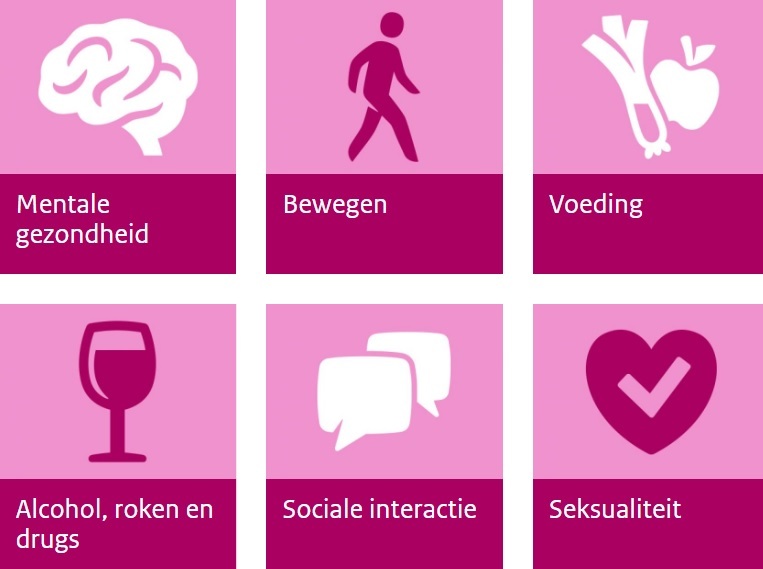 De verschillende leefstijlthema's in beeld: Mentale gezondheid, bewegen, voeding, alcohol, roken en drugs, sociale interactie en seksualiteit