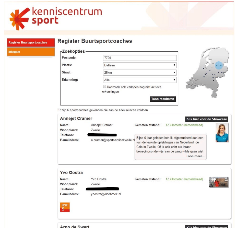 schermafbeelding van het digitale register met een zoekvenster en gevonden resultaten van buurtsportcoaches met hun gegevens